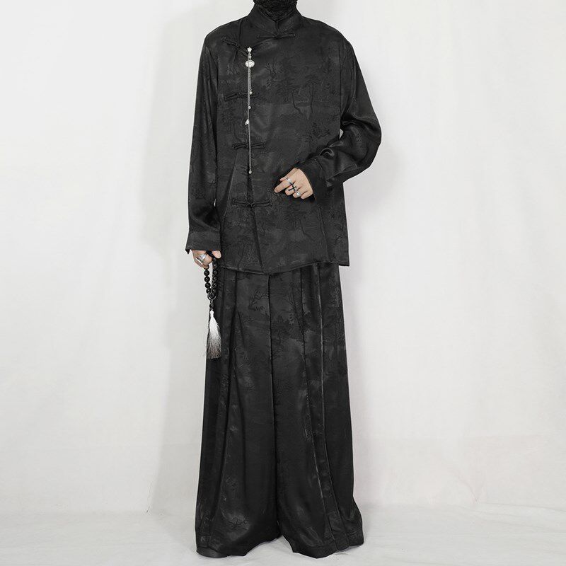 夏季新款时尚套装复古禅意新中式宽松长袖衬衫阔腿长裤休闲两件套