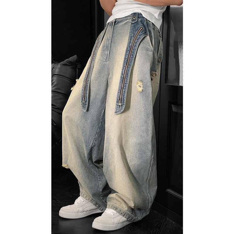 龙叨叨春季新款潮流美式复古做旧破洞拼接宽松弯刀百搭牛仔长裤