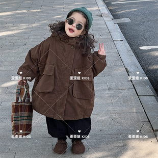 歪歪妞韩国童装2023冬季新款儿童加绒加厚中长版外套男女童棉服