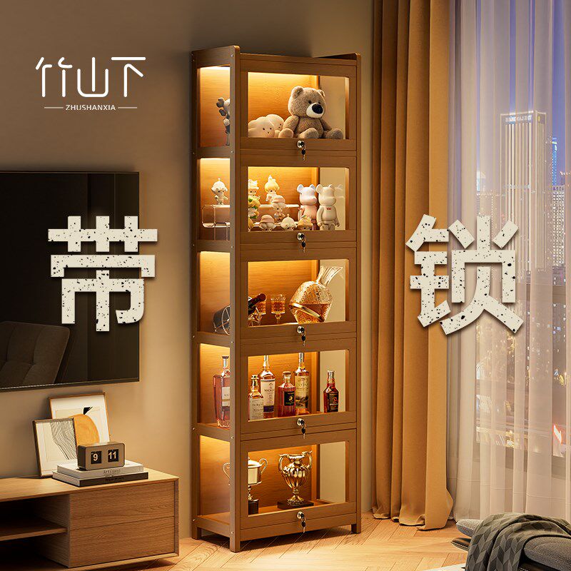 手办展示柜带锁储物柜带灯酒柜礼品透明模型小型亚克力玻璃收纳柜