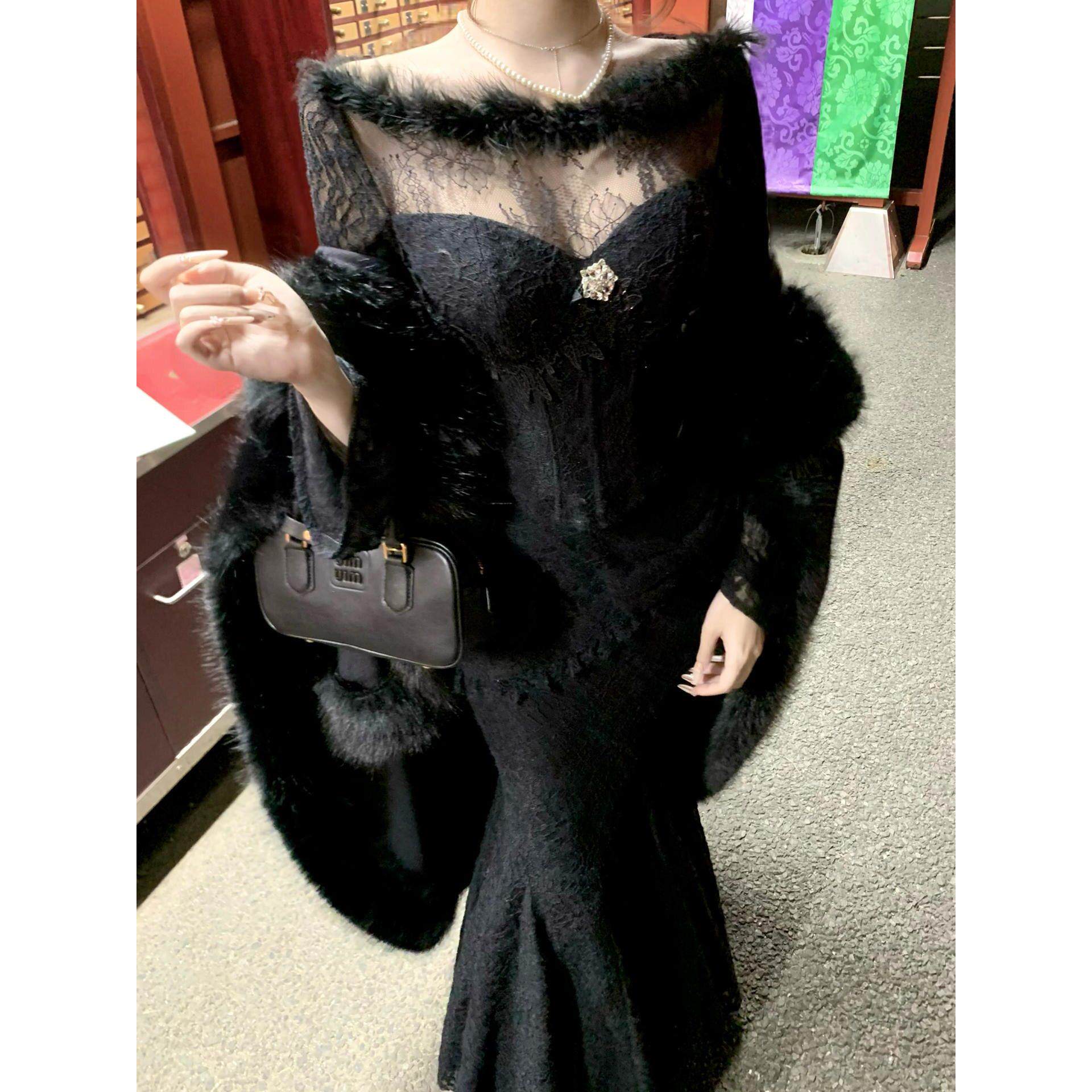 法式千金小姐黑色蕾丝鱼尾连衣裙女秋冬宴会礼服上衣收腰半身长裙