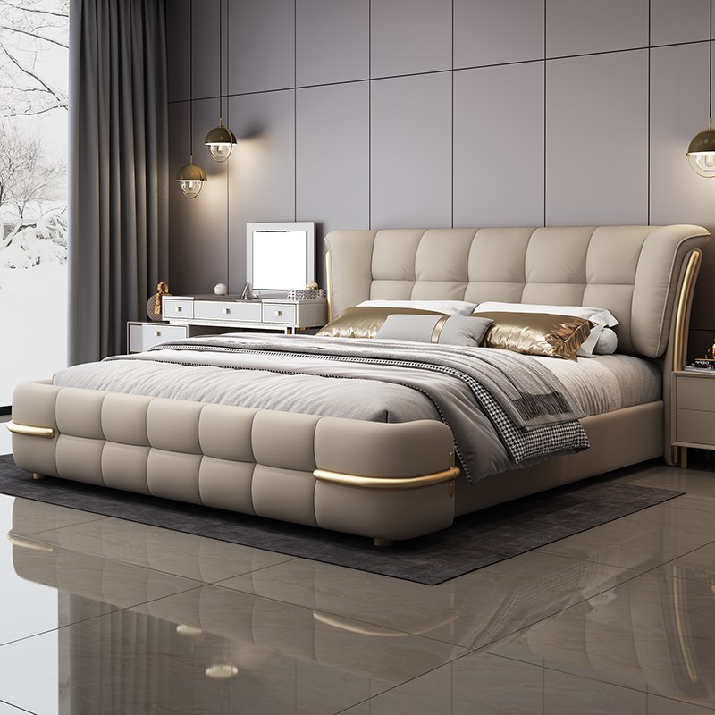 现代主卧轻奢双人真皮床2x2.2G米储物时尚奶油风舒适婚床