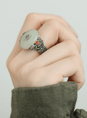 925银新中式复古风平安扣戒指环和田玉K轻奢高级感个性简约民族风