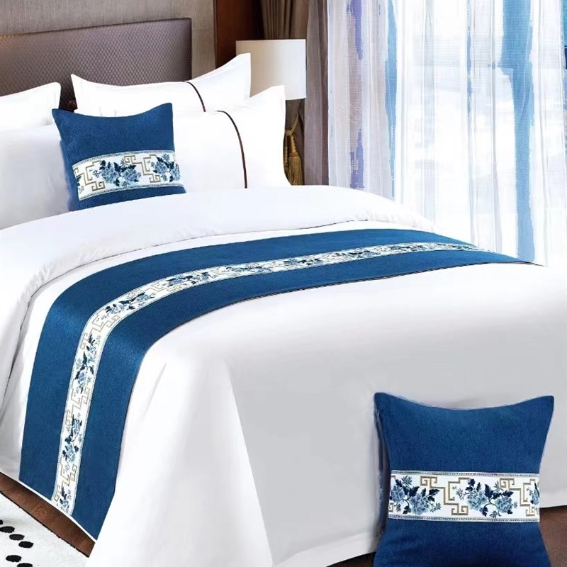 新中式酒店c宾馆床尾巾靠垫床盖民宿床上用品纯色床旗床搭巾床边