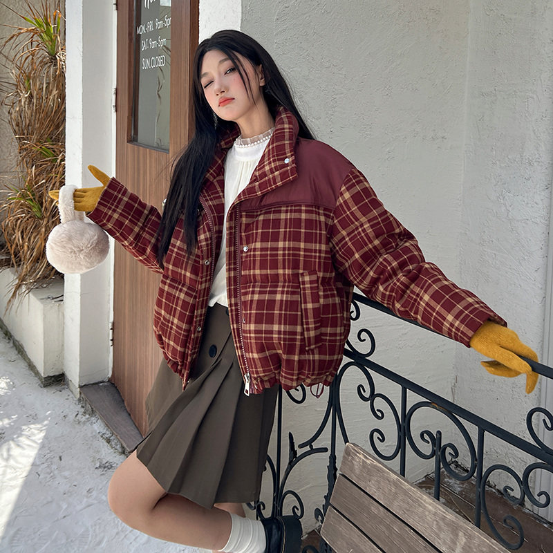 设计感撞色格子棉服女2025冬季新款韩版百搭小个子面包服外套