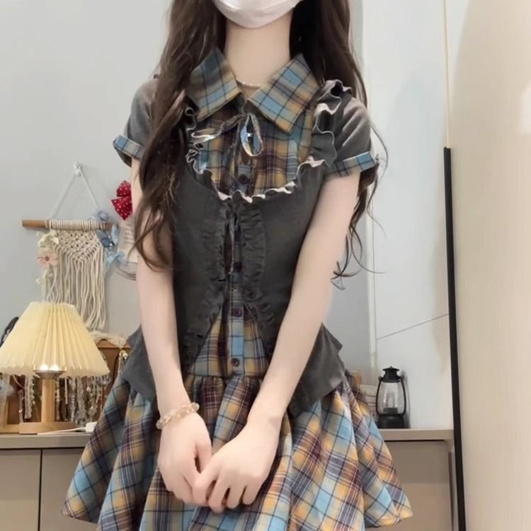 法式学院风蓝色格纹连衣裙子女夏季2025新款气质辣妹收腰短裙套装