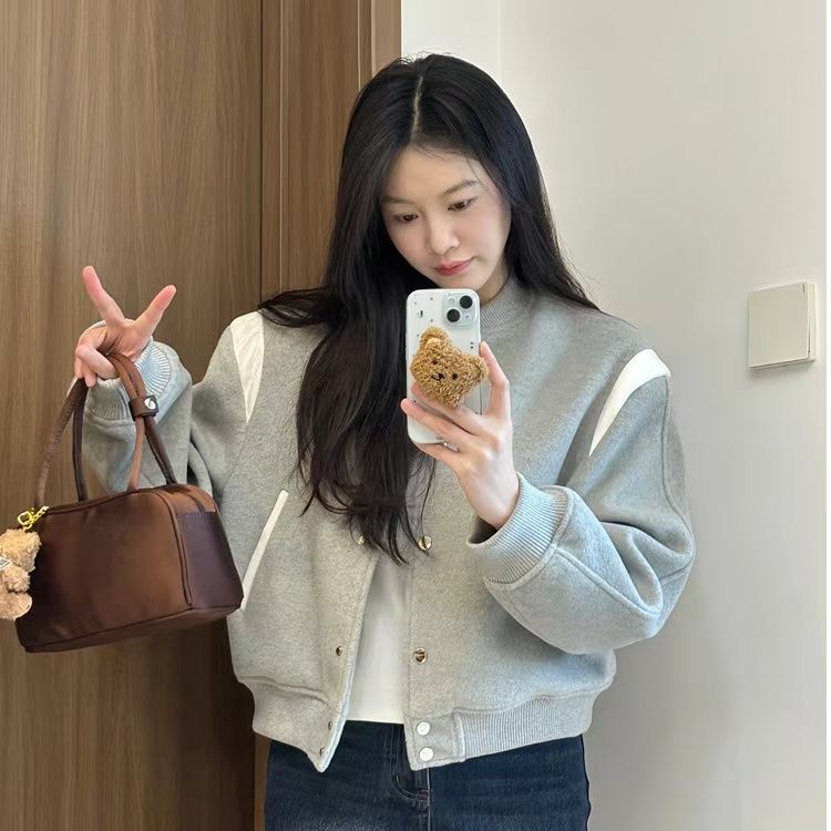 爆款美式学院感短款棒球服女春秋韩版拼接外套夹克女上衣