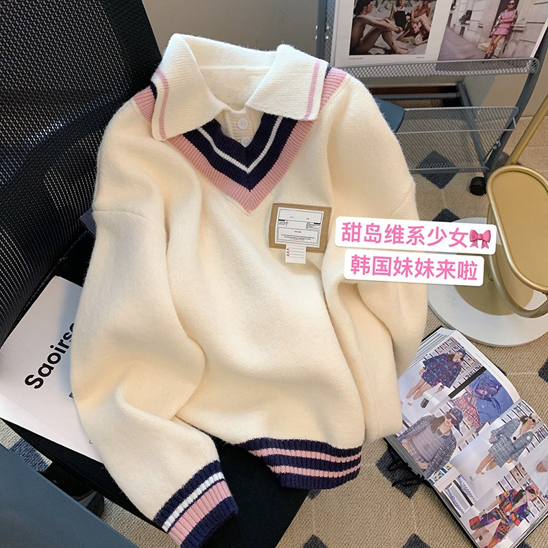 秋冬假两件polo领毛衣女学生韩版宽松慵懒风拼色保暖针织衫外套潮