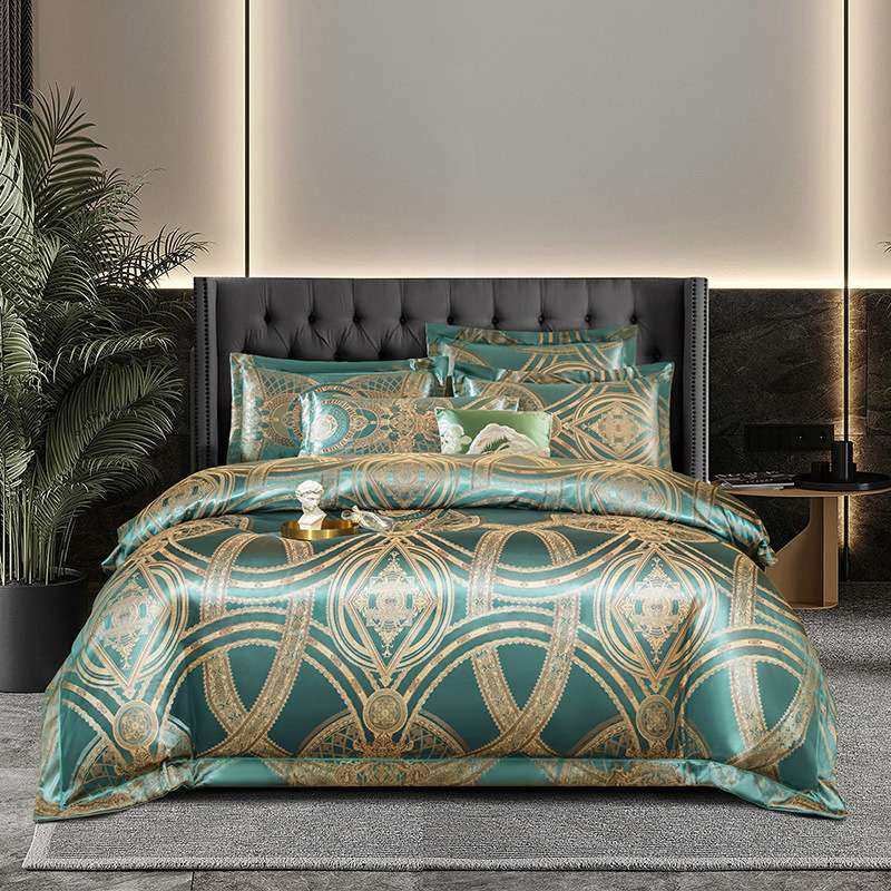 天丝贡缎提花四件套婚庆莫代尔蕾丝床上用品被1.8米床单4件套极简