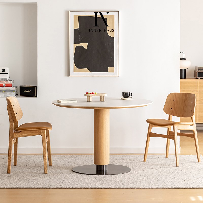 极简实木岩板圆桌日式家用小户型现代简I约餐厅饭桌圆形餐桌椅组