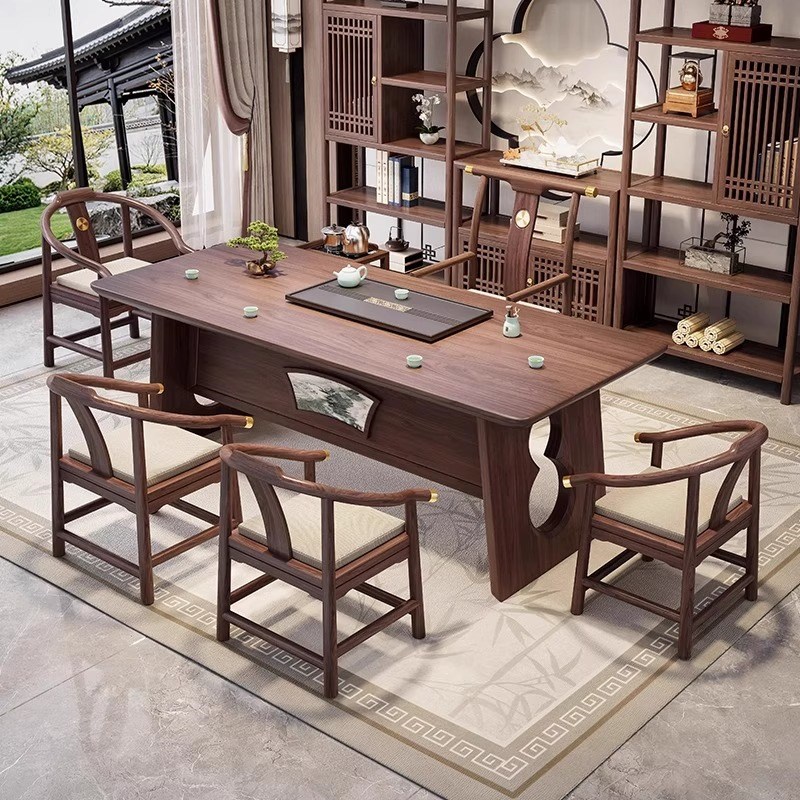 新中式茶桌椅组合北美胡桃木x家用办公茶台禅意茶室泡茶桌一桌五