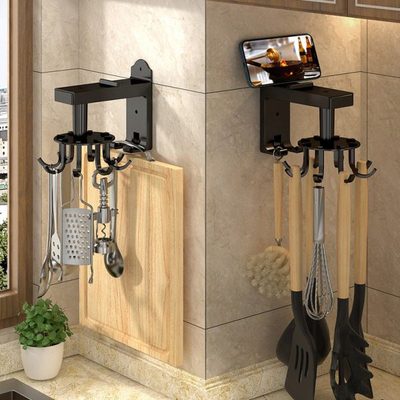 厨房壁挂式锅铲勺子挂架厨具收纳架免打孔旋转挂钩挂杠置物架神器