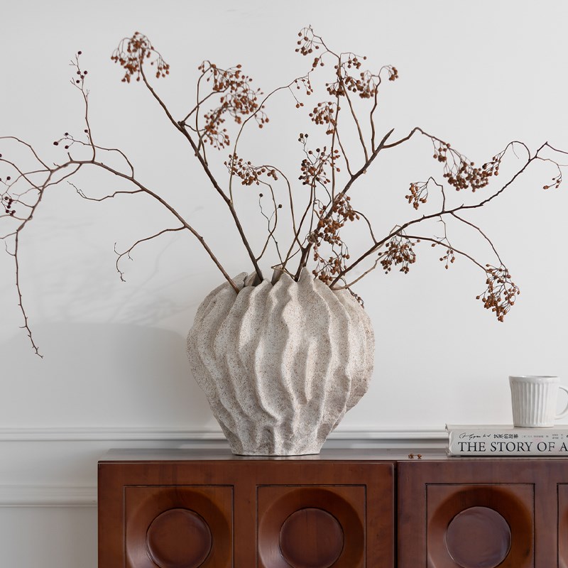 润家家居侘寂风褶皱陶罐客厅玄关花瓶纯手工不Q规则花器插花盆摆