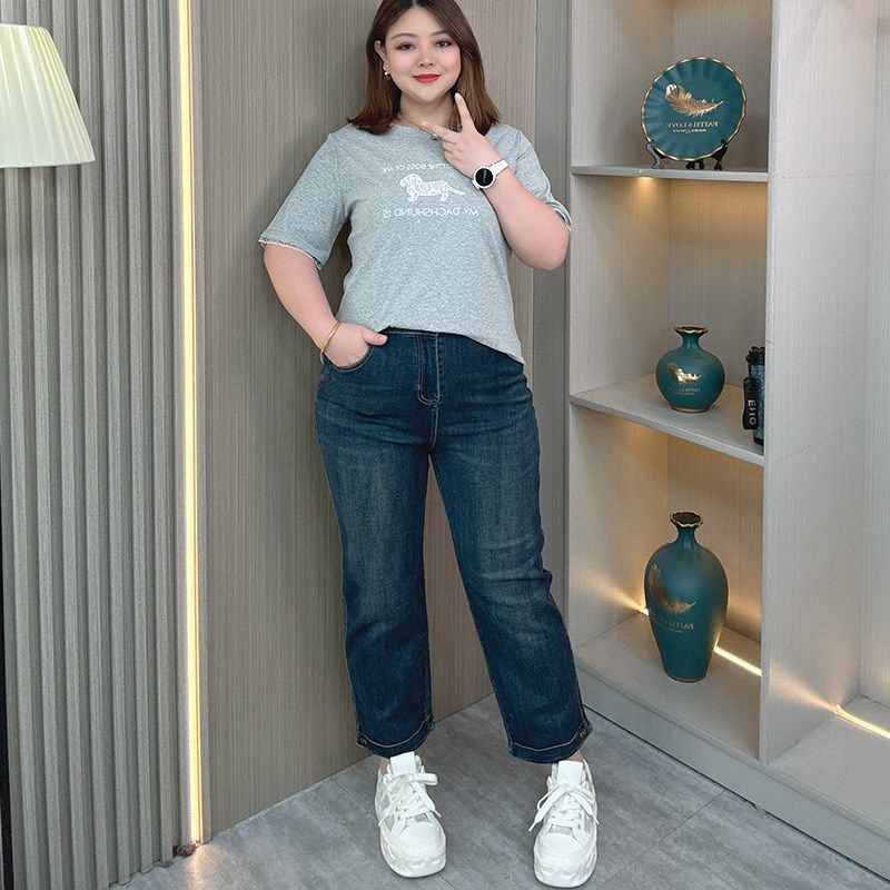 大码女装蓝色复古直筒牛仔裤女2025夏季新款胖mm显瘦阔腿裤九分裤,女装/女士精品,大码裤装,淘宝优惠券,粉丝福利购,淘宝优惠卷