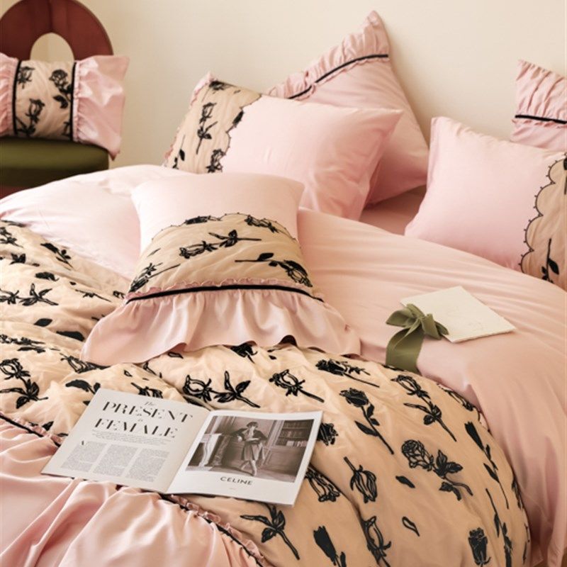 A类法式复古180支长绒棉床四件套全棉玫瑰刺绣被套纯棉床上用品