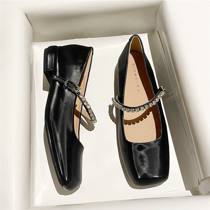 黑色一字扣带粗跟方头高跟鞋女款2025年春秋新款复古软皮浅口单鞋,女鞋,玛丽珍鞋,淘宝优惠券,粉丝福利购,淘宝优惠卷