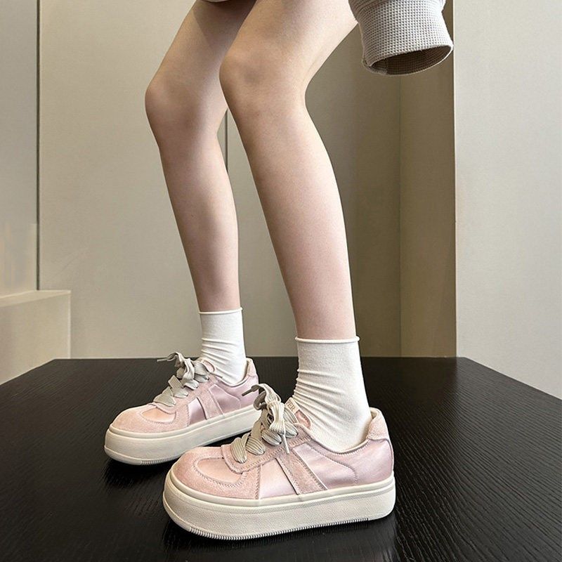 春夏甜酷韩版~粉色真皮绸缎大头丑萌可爱休闲小白鞋德训鞋女板鞋,女鞋,时尚休闲鞋,淘宝优惠券,粉丝福利购,淘宝优惠卷