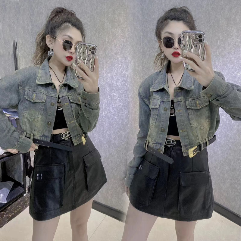 2023春秋季新款韩版街头休闲牛仔短外套女腰带设计感做旧显瘦上衣,女装/女士精品,短外套,淘宝优惠券,粉丝福利购,淘宝优惠卷