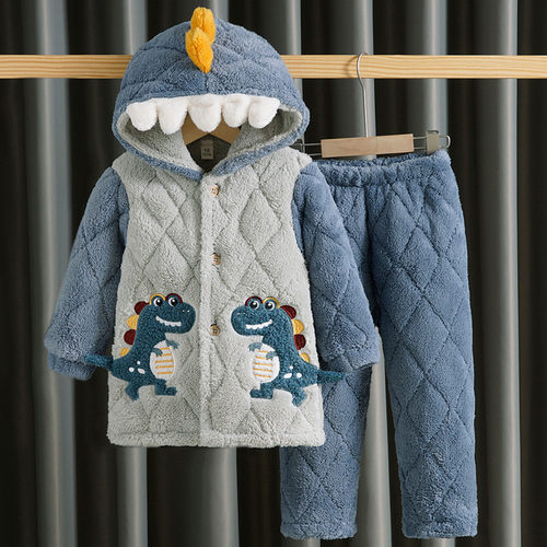 恐龙睡衣男童冬季加厚款三层夹棉加厚中长款法兰绒儿童家居服套装