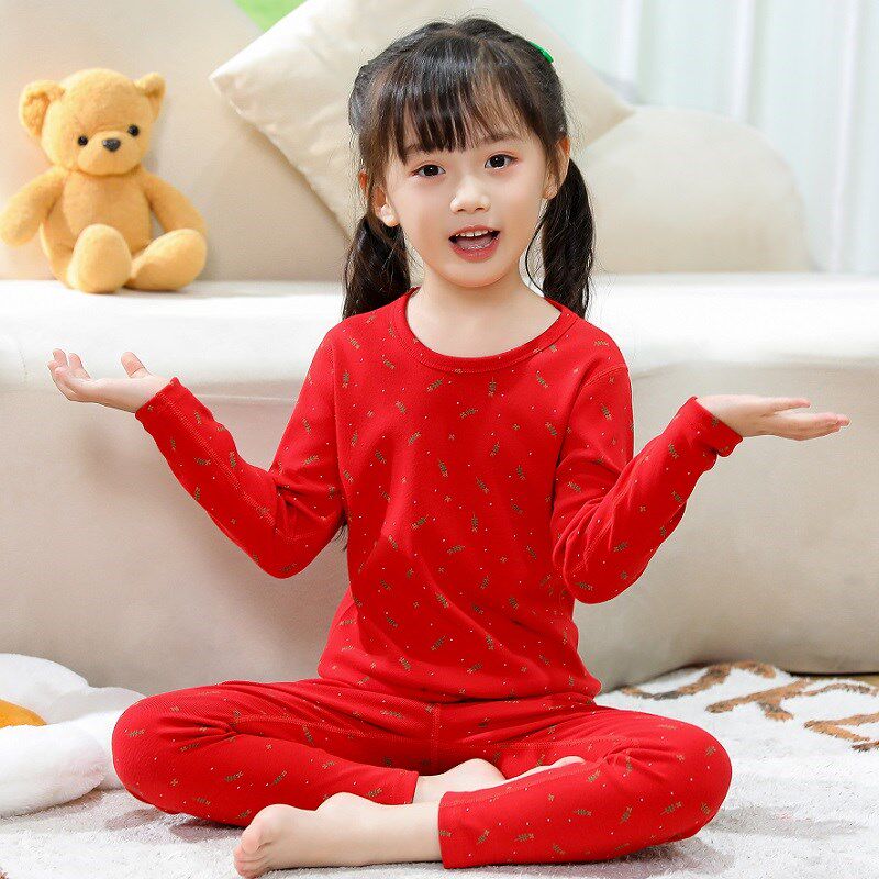 儿童秋衣秋裤无骨宝宝大红色女童全棉男女孩保暖内衣套装纯棉秋冬