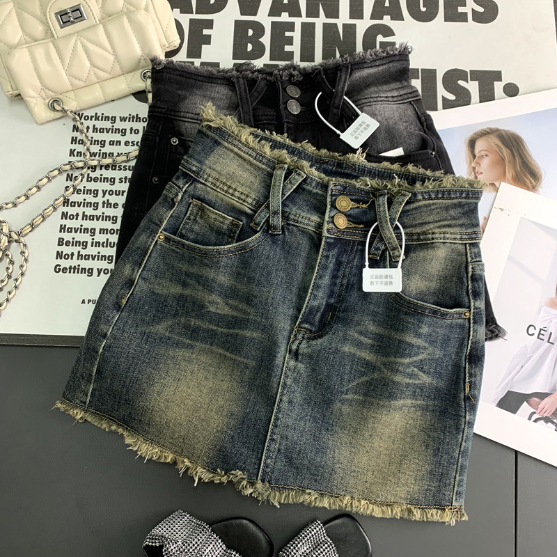 韩版水洗毛边高腰复古牛仔半身裙女夏季防走光小个子A字包臀短裙,女装/女士精品,半身裙,淘宝优惠券,粉丝福利购,淘宝优惠卷