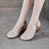 真皮粗跟百搭女鞋 复古包头镂空凉鞋 中空软底时尚 妈妈鞋 女夏季 新款