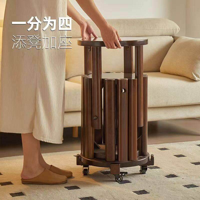 实木凳子圆凳可叠放家用矮凳边几餐桌凳叠叠乐组合带万向滑轮移动