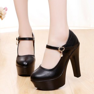 真皮13CM恨天高走秀高跟鞋圆头浅口一字扣粗跟厚防水台车模高跟鞋