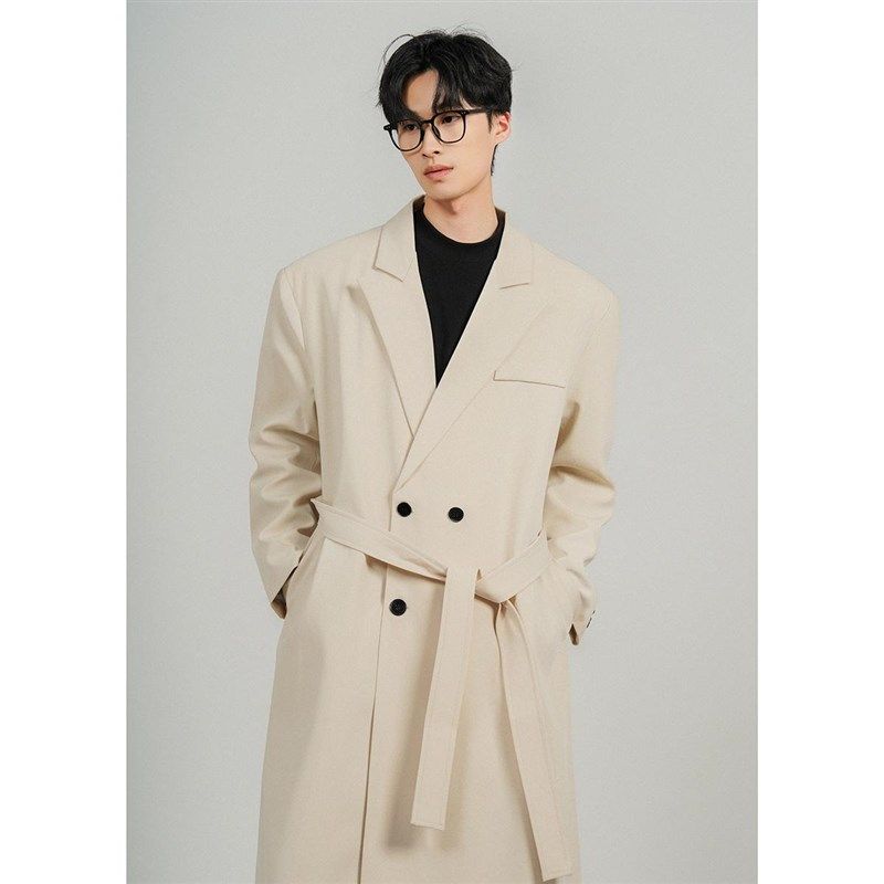 2025春装新款男生双排扣中长款风衣男垫肩西装外套过膝薄款大衣,男装,休闲西服,淘宝优惠券,粉丝福利购,淘宝优惠卷
