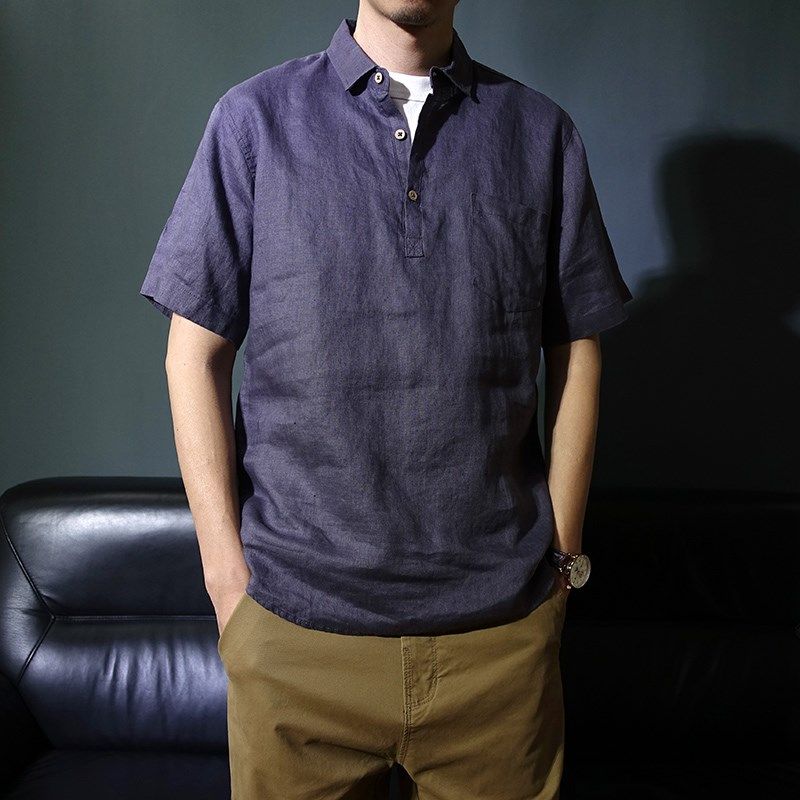 男士夏季薄款纯亚麻短袖衬衫口袋透气套头麻料衬衣宽松休闲上衣潮