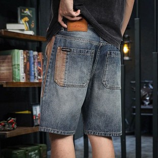 拼色口袋运动夏天季 牛仔短裤 宽松大码 破洞大码 男 五分中裤 帅气个性