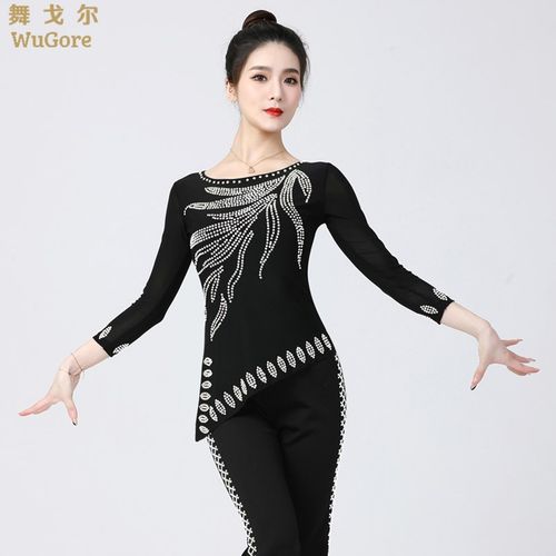 烫钻女拉丁舞上衣成人吉特巴表演服装广场水兵舞比赛演出服长袖