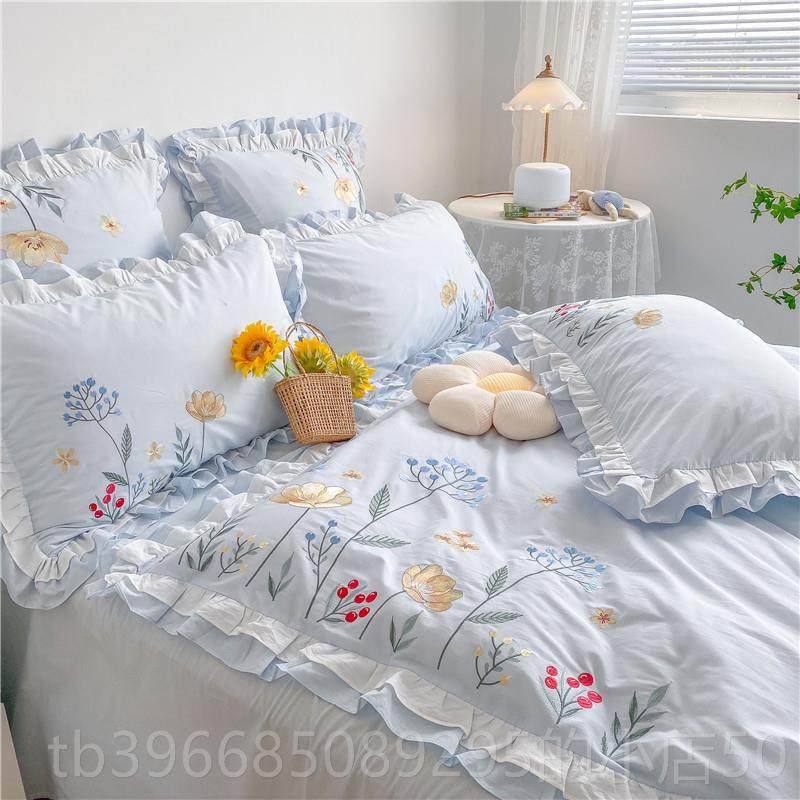 高档小清新100s纯棉四件套水洗纯棉田0园主风格单绣花被套纯棉适