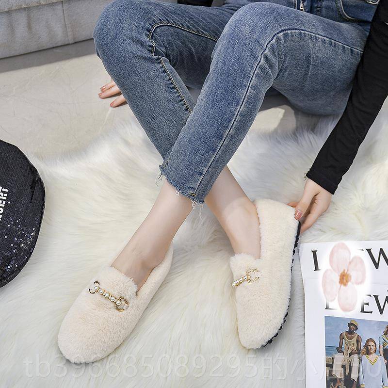 高档百毛毛鞋豆女秋冬外穿加绒厚底224年新款搭兔毛棉鞋0网红平底