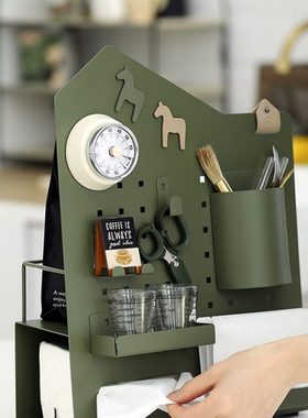 原创桌面立式洞洞板办公室收纳架墨绿色纸巾盒多功能金属置物架