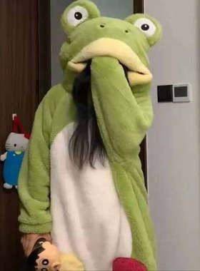 睡衣女可爱猪连体家居服珊瑚绒秒冬季加绒加厚搞怪连帽保暖家居服