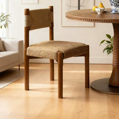 柿子法式复古实木中古餐椅家用软包靠背椅单椅客厅餐厅绳编椅子