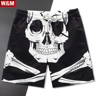 男士 衩宽松游泳裤 速干情侣短裤 潮牌温泉花裤 五分裤 骷髅印花沙滩裤