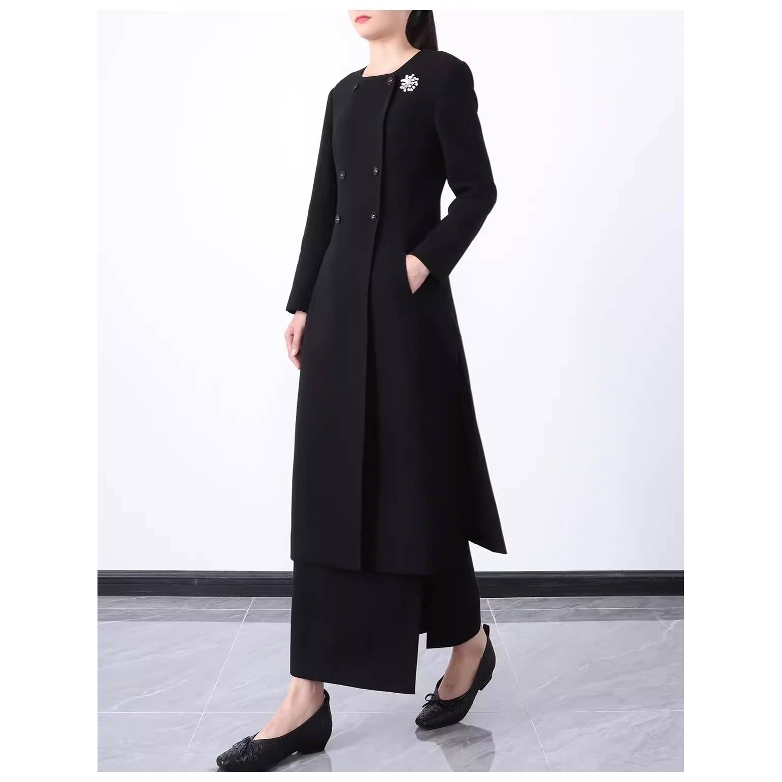 现货女神收割机 经典an*di加厚570g肌理羊毛纱绉双排扣风衣连衣裙