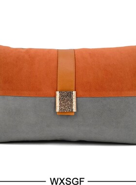 简约北欧高档轻奢格抱枕别墅沙发靠垫橙色拼接灰色拼接装饰扣腰枕