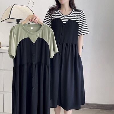 2024夏季连衣裙大码胖mm200斤显瘦遮肚拼接假两件中长款短袖裙子