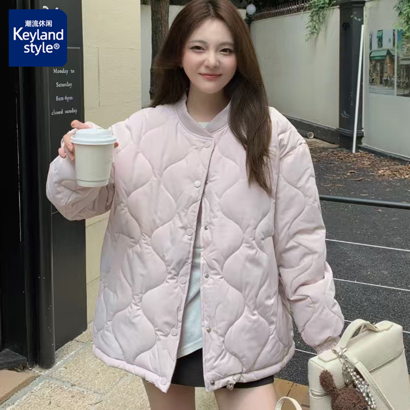 浅紫色菱格短款棉服女2025秋冬新款韩系小个子宽松保暖棒球服外套