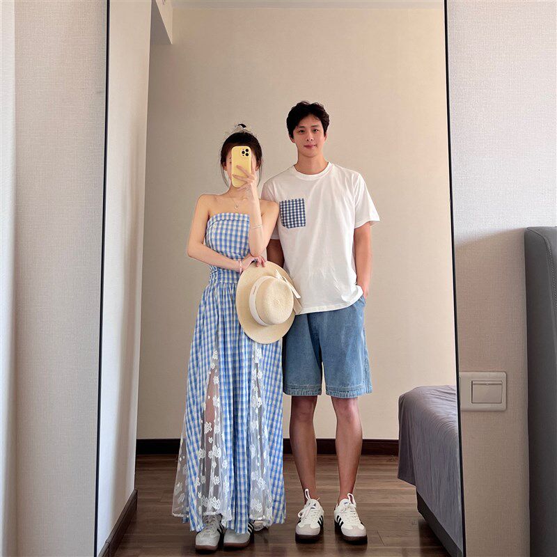 法式情侣装你衣我裙夏季格子吊带连衣裙女云南海边度假风一衣一裙