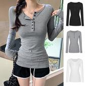 打底衫 设计感半开领上衣掐腰中长款 ins辣妹修身 春秋新款 长袖 T恤