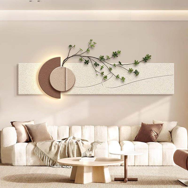 AW奶油风横幅立体砂岩客厅装饰画led灯画绿植高级感卧室床头挂画