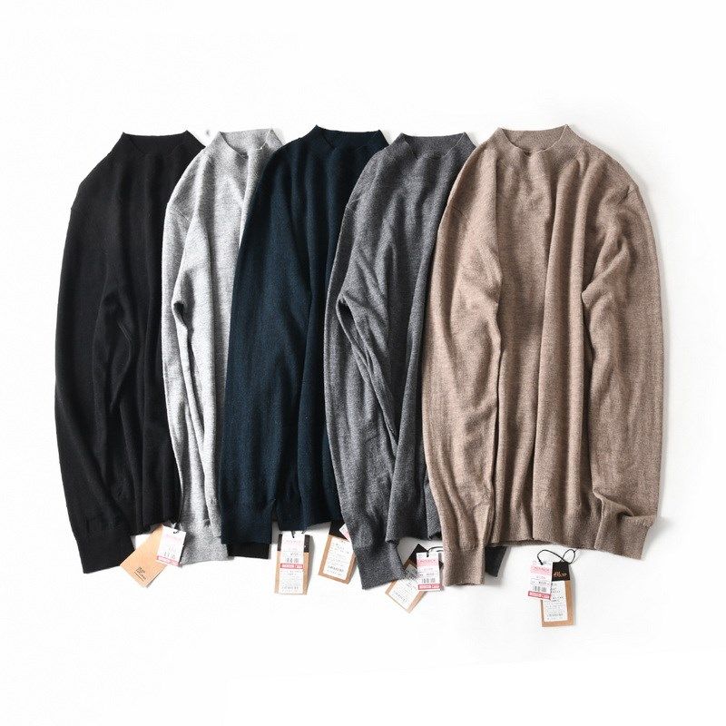 新款美式100超细绵羊毛半高领针织衫男士秋冬纯色套头打底衫毛衣