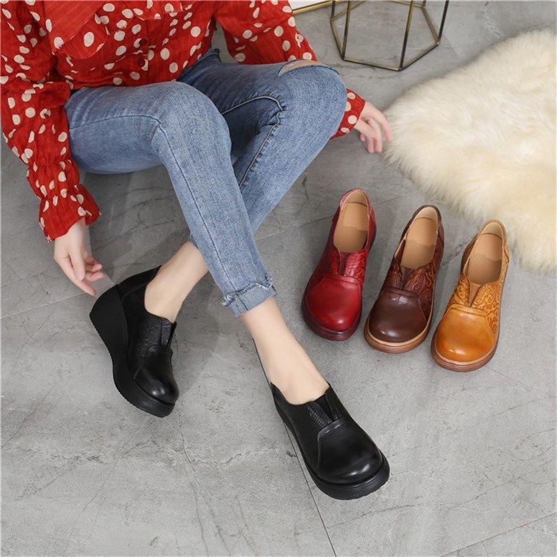 987厚底单鞋春秋复古真皮坡跟女松糕软底圆头印花套脚女鞋妈妈鞋,女鞋,深口单鞋,淘宝优惠券,粉丝福利购,淘宝优惠卷
