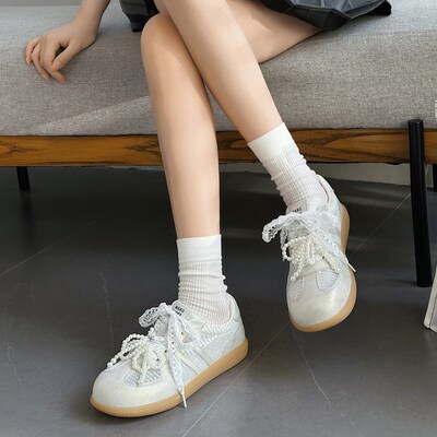 宽胖脚肥大码女鞋41-43网鞋2025春夏款平底蕾丝百搭德训鞋2909-1