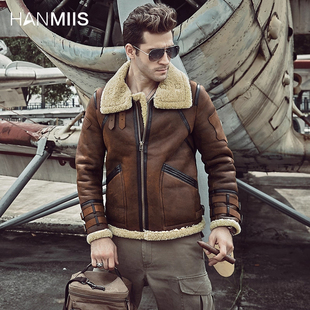 HANMIIS徽章新款飞行服空军皮毛一体皮草男外套真皮夹克绵羊皮衣