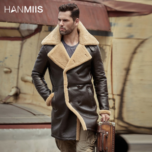 汉名仕长款 B3皮毛一体飞行服空军绵羊男外套风衣大衣真皮皮衣